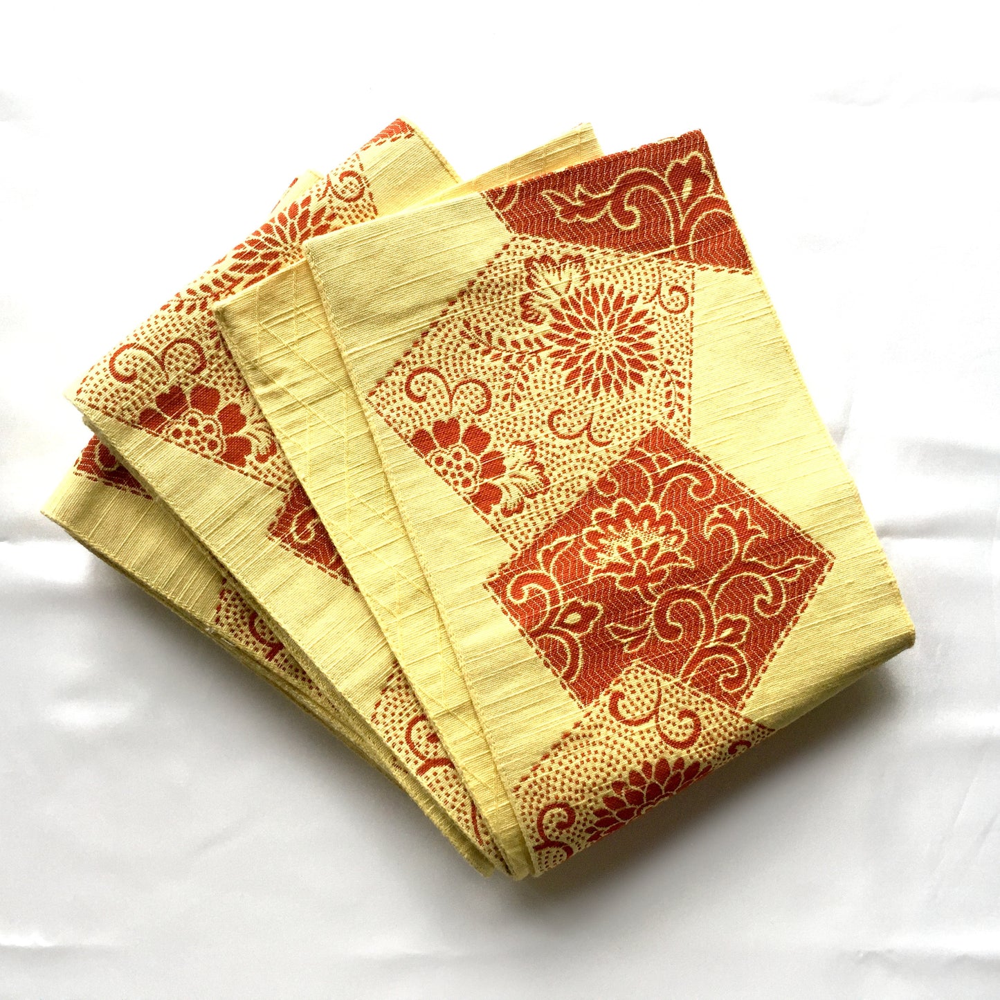 Reversible Japanese hanhaba obi - banana yellow with orange floral patches