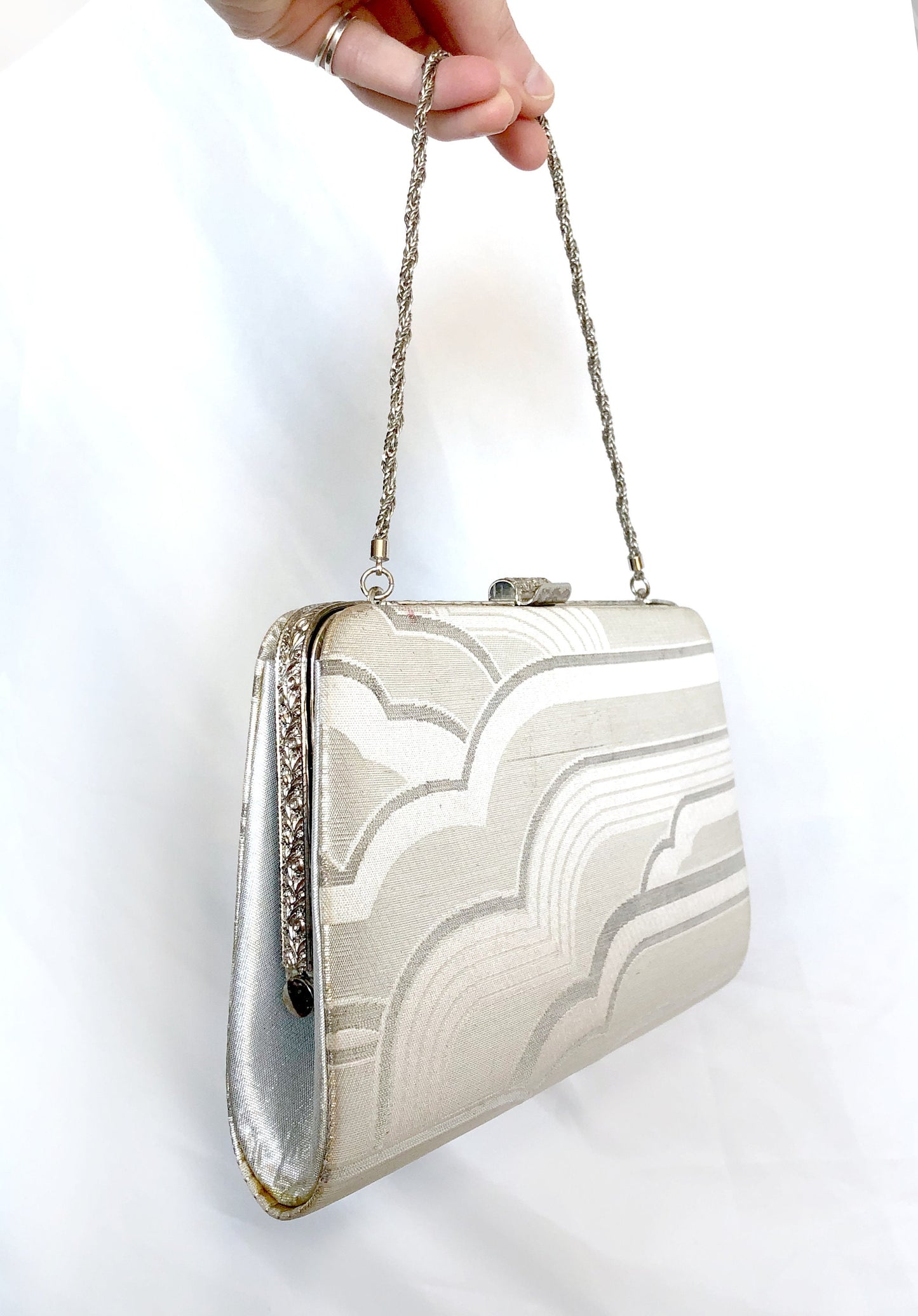 Vintage kimono handbag - two-way silver with bold geometric pattern
