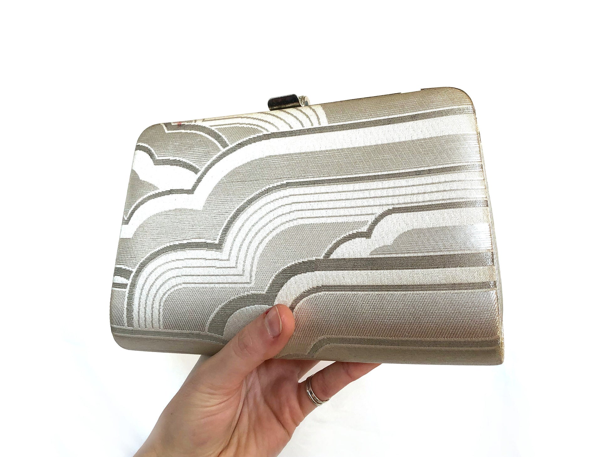 Vintage kimono handbag - two-way silver with bold geometric pattern