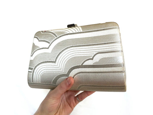 Vintage kimono handbag - two-way silver with bold geometric pattern