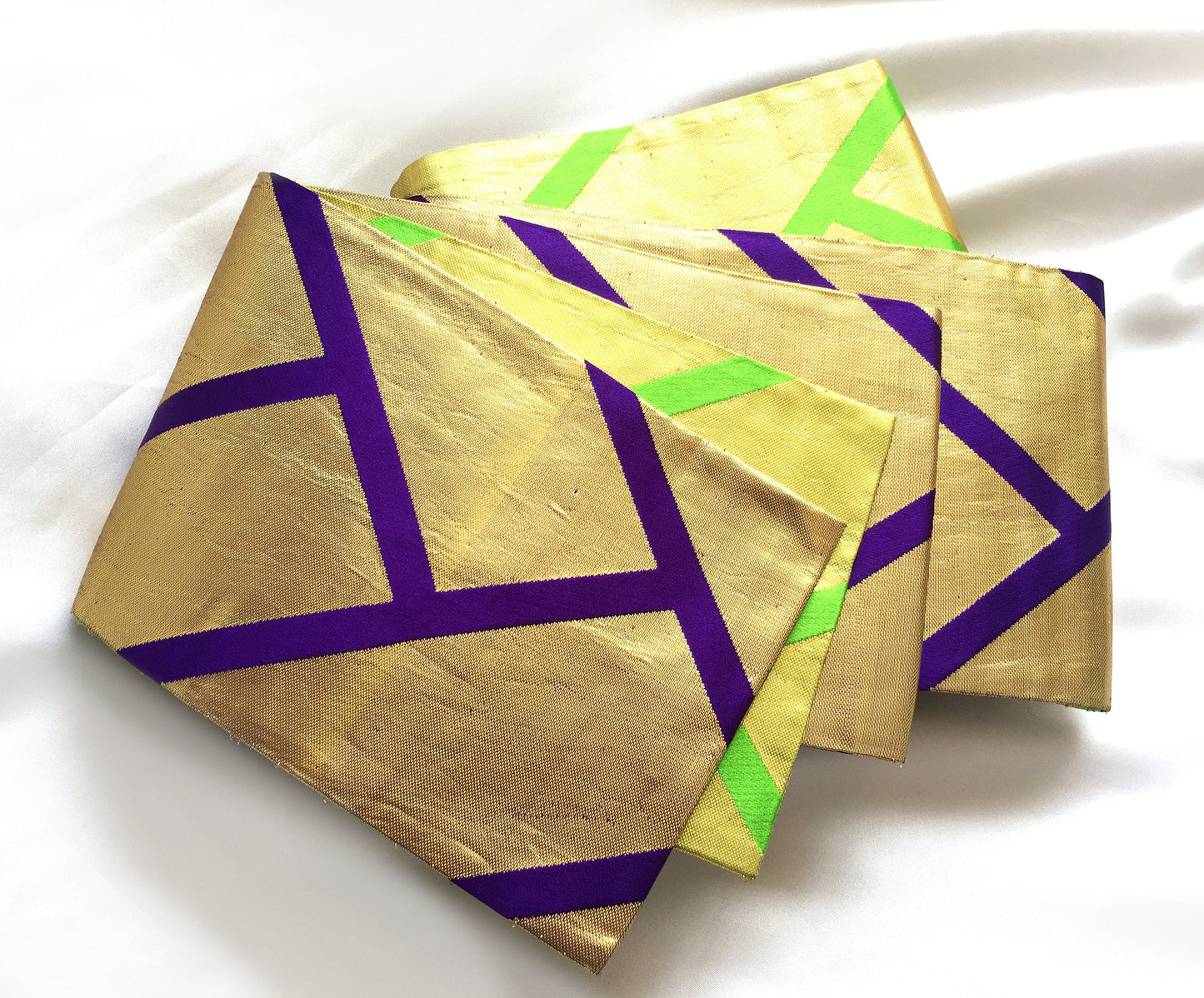 Bold reversible Japanese hanhaba obi - golden, purple, and green basket weave - obi for dancing