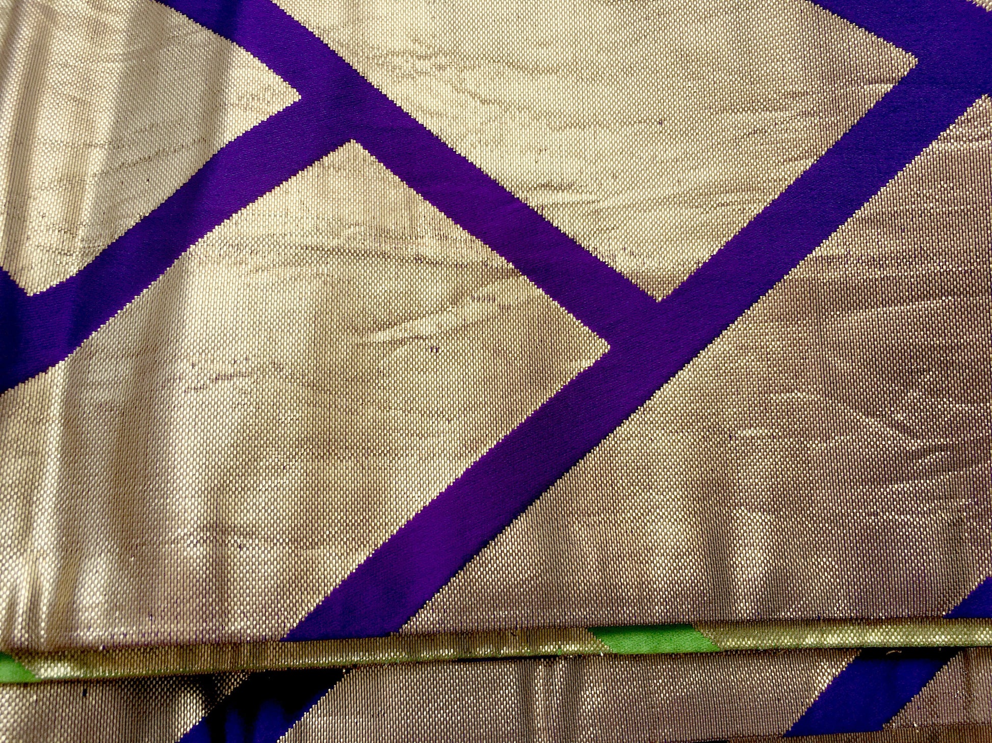 Bold reversible Japanese hanhaba obi - golden, purple, and green basket weave - obi for dancing