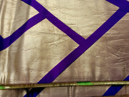 Bold reversible Japanese hanhaba obi - golden, purple, and green basket weave - obi for dancing