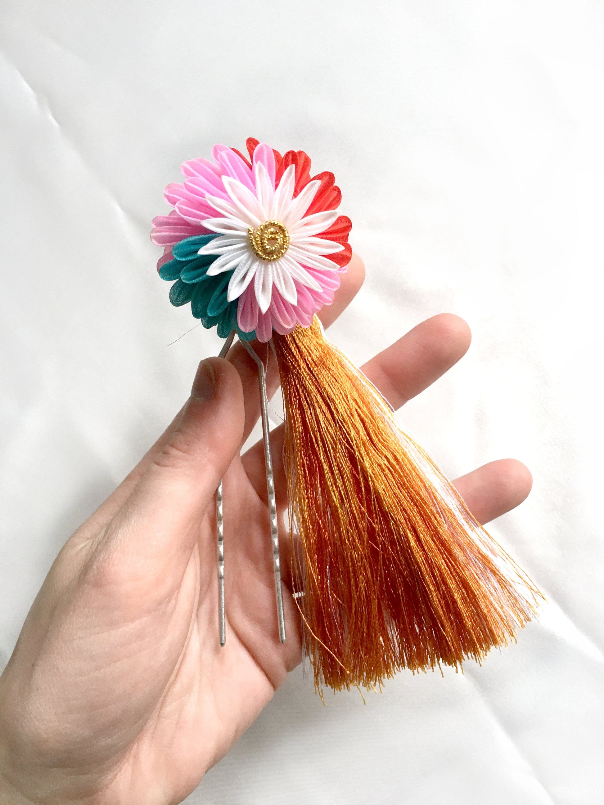 Vintage Japanese hair accessory - colorful chrysanthemum flower with a tassel