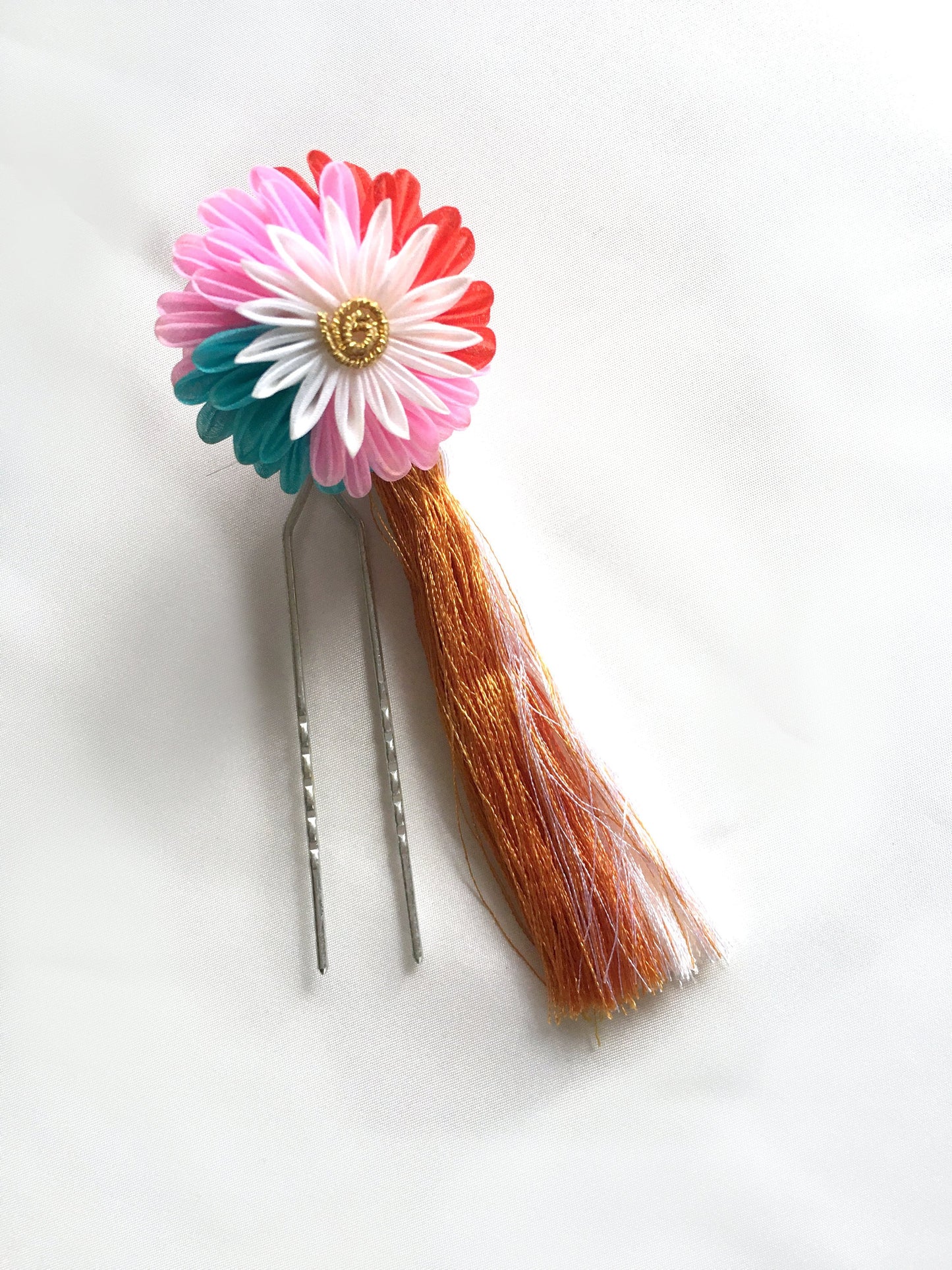 Vintage Japanese hair accessory - colorful chrysanthemum flower with a tassel