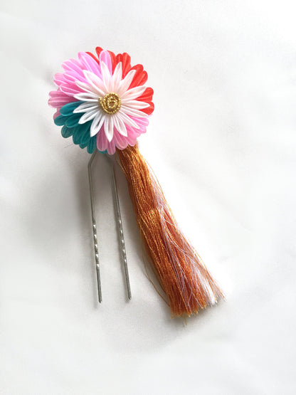 Vintage Japanese hair accessory - colorful chrysanthemum flower with a tassel