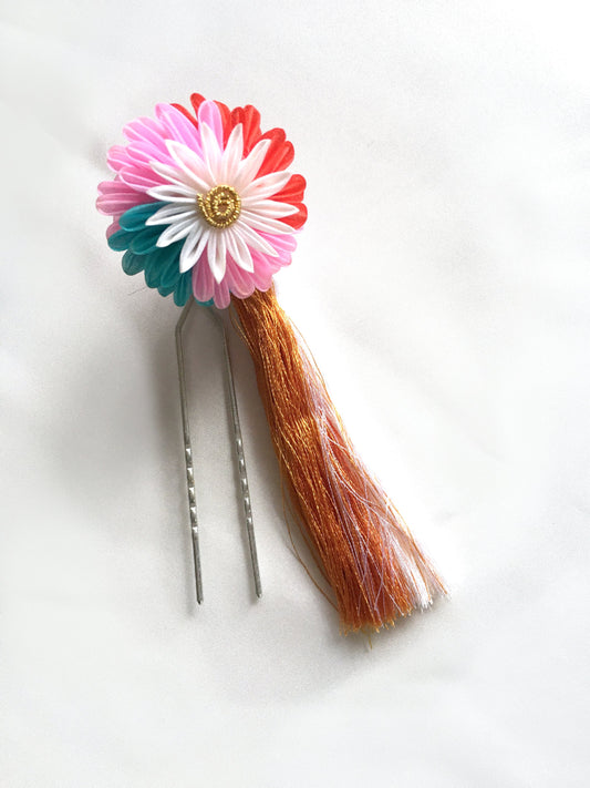 Vintage Japanese hair accessory - colorful chrysanthemum flower with a tassel