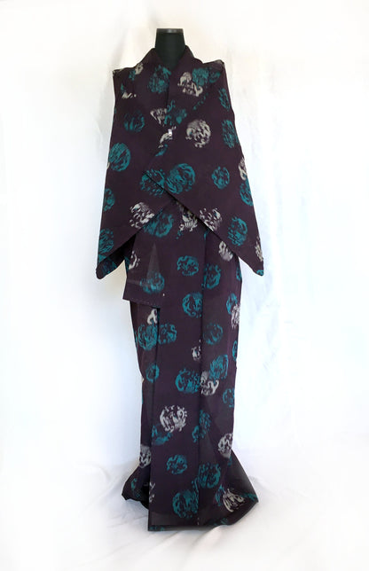 Vintage Japanese summer kimono - woven silk meisen - dark purple with white and turquoise circular waves pattern