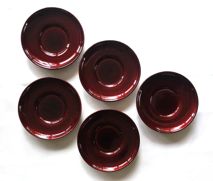 Small Japanese wooden plates - wooden with semi transparent red lacquer varnish (set of 5)