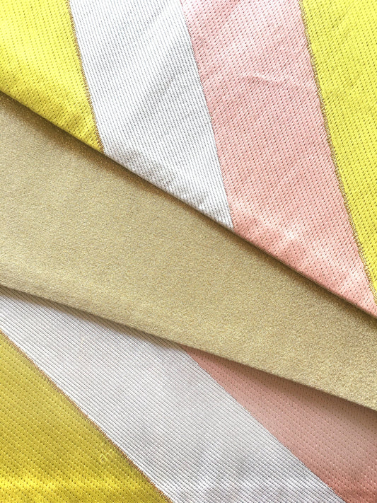 Unique fukuro obi - dancing obi - pastel pink, greenish yellow, and white stripes