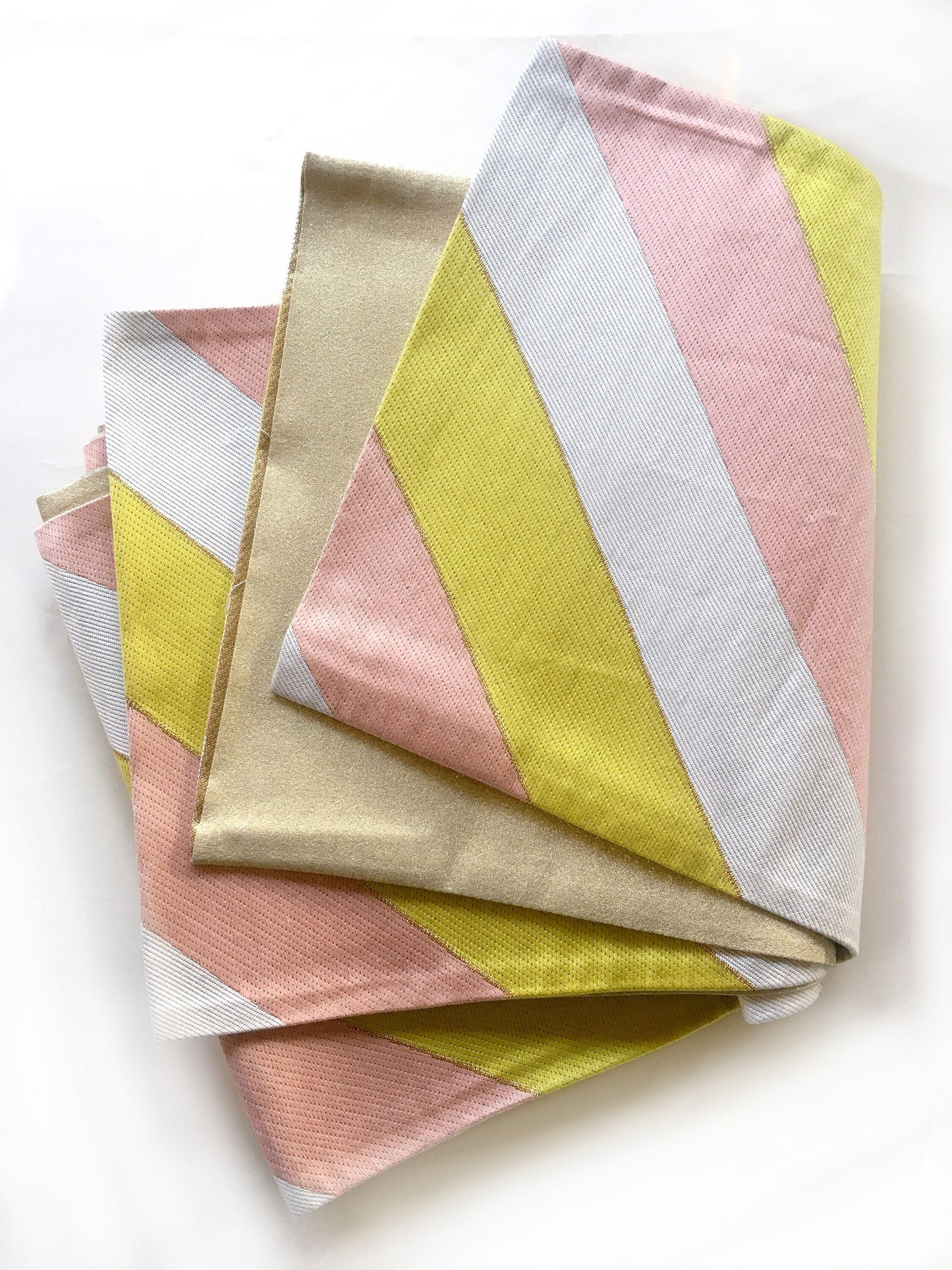 Unique fukuro obi - dancing obi - pastel pink, greenish yellow, and white stripes