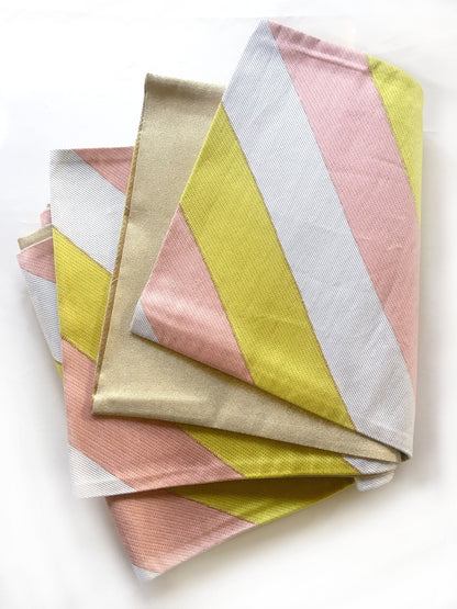 Unique fukuro obi - dancing obi - pastel pink, greenish yellow, and white stripes