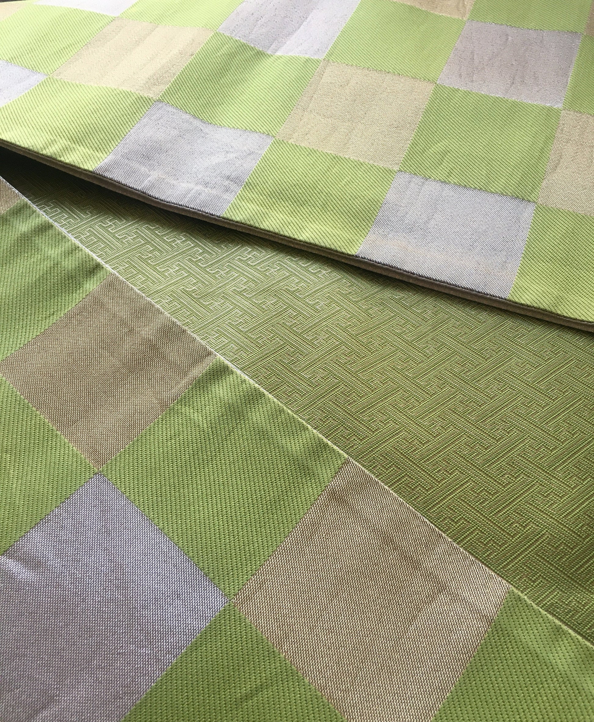 Unique fukuro obi - dancing obi - fresh green, golden, and silver checkers