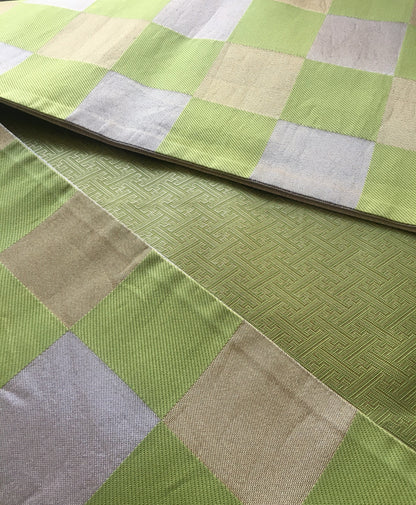 Unique fukuro obi - dancing obi - fresh green, golden, and silver checkers