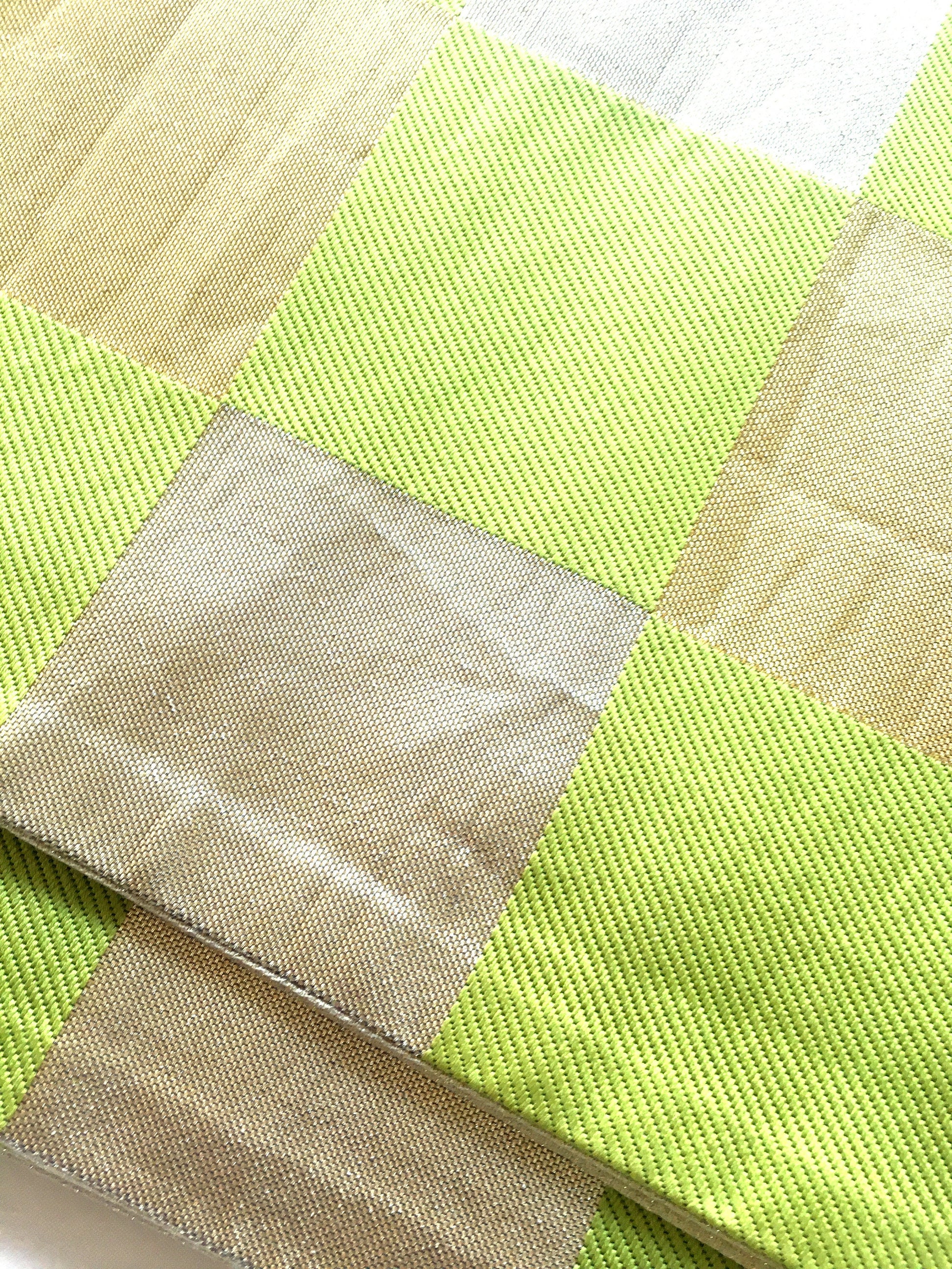 Unique fukuro obi - dancing obi - fresh green, golden, and silver checkers