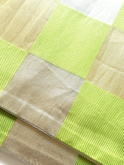Unique fukuro obi - dancing obi - fresh green, golden, and silver checkers