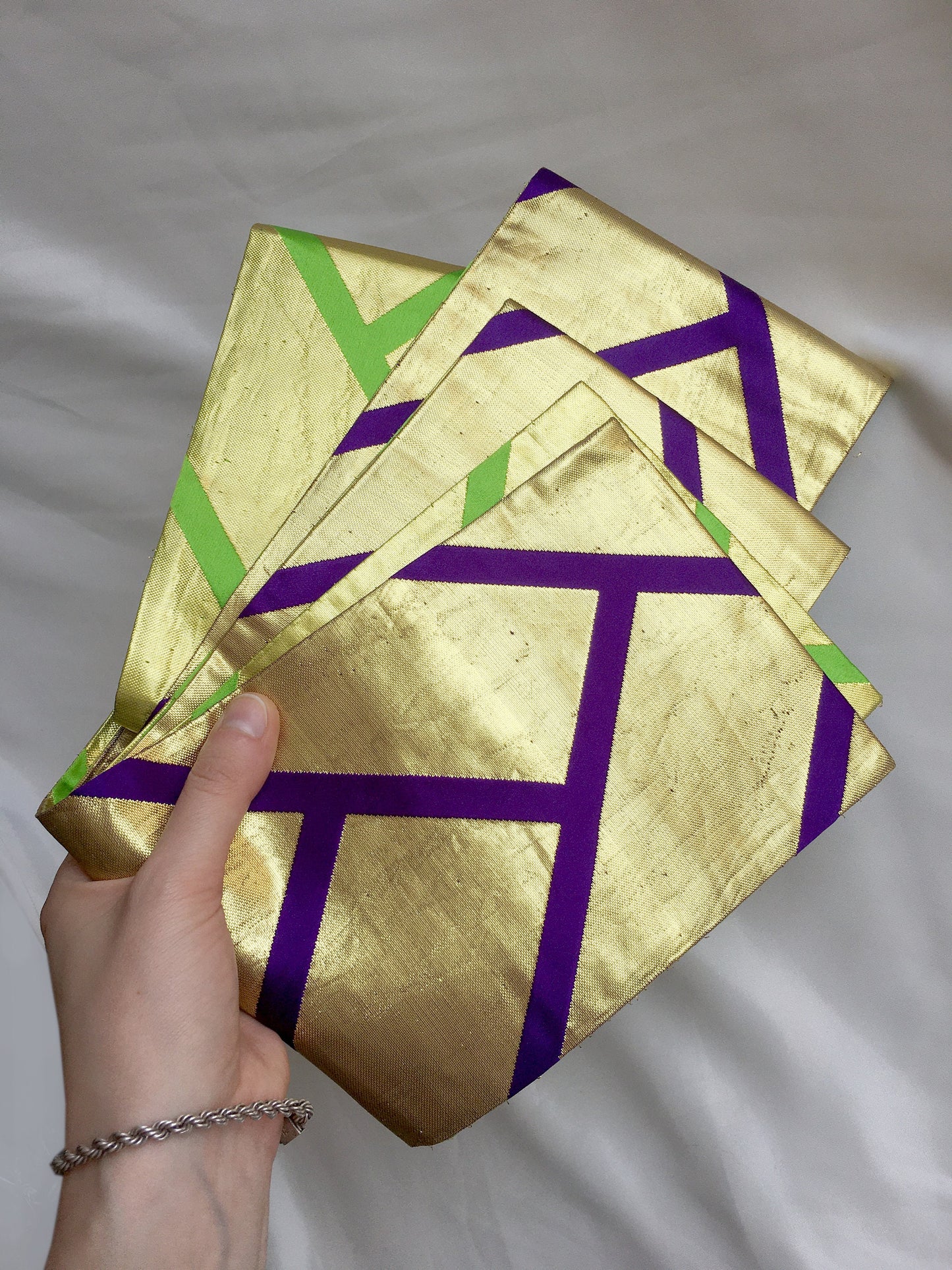 Bold reversible Japanese hanhaba obi - golden, purple, and green basket weave - obi for dancing
