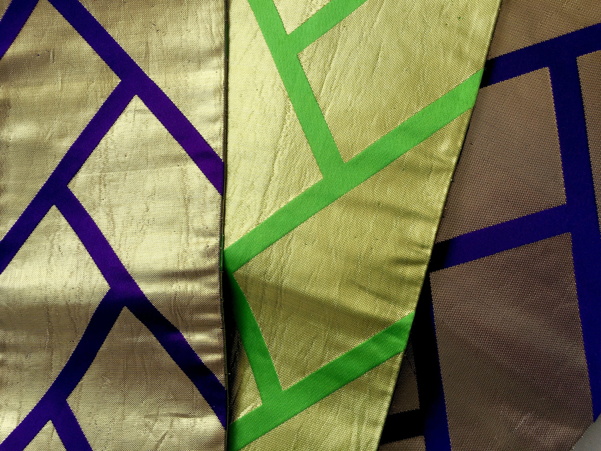 Bold reversible Japanese hanhaba obi - golden, purple, and green basket weave - obi for dancing