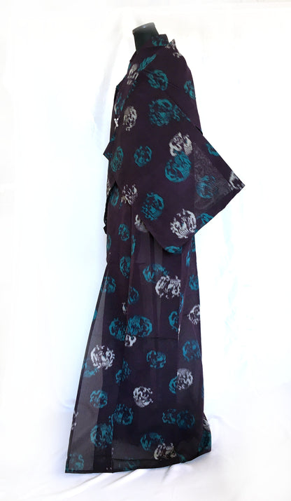 Vintage Japanese summer kimono - woven silk meisen - dark purple with white and turquoise circular waves pattern