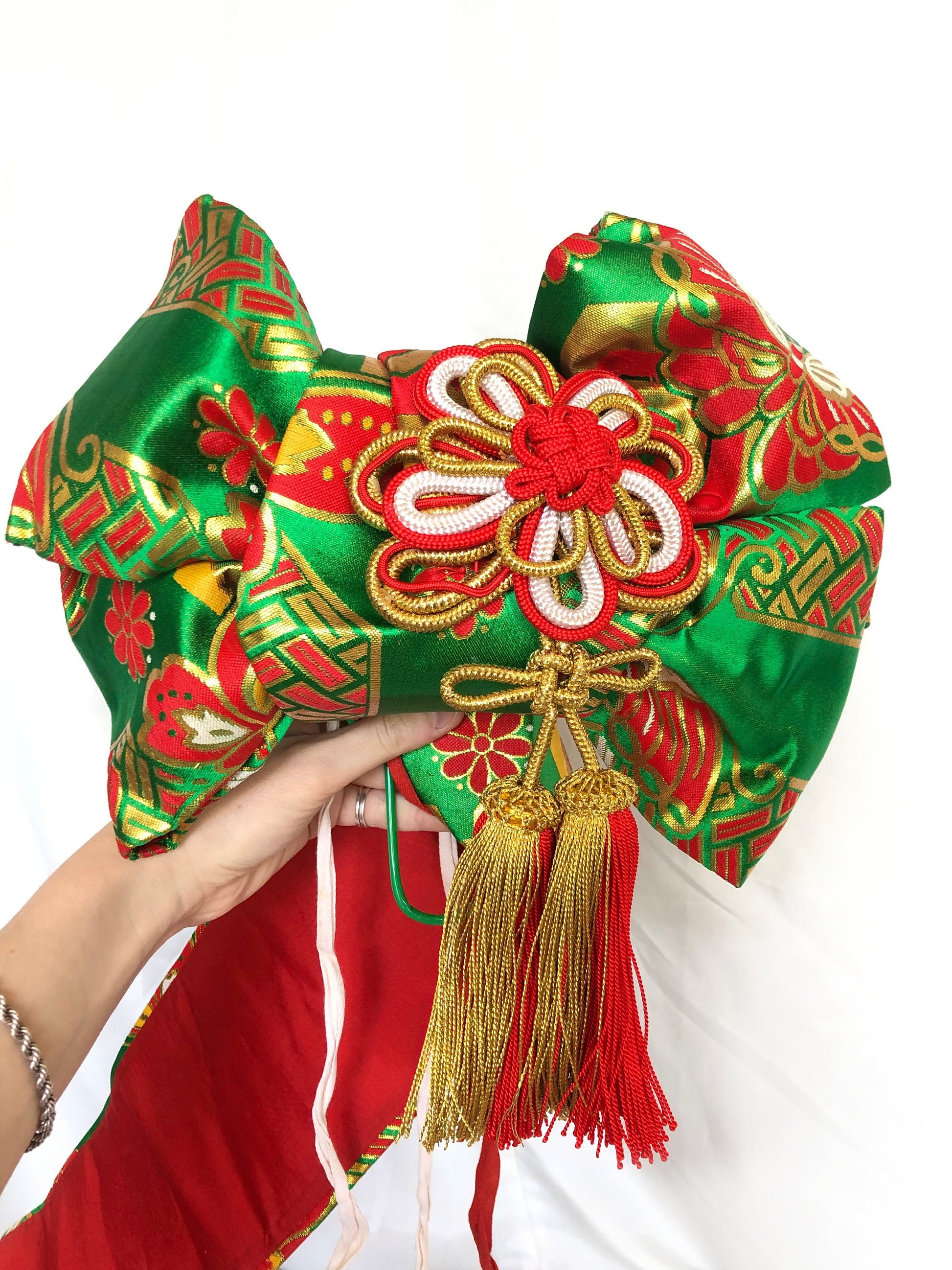 Instant vintage obi for children - festive ribbon tie in gold, red, and bright green