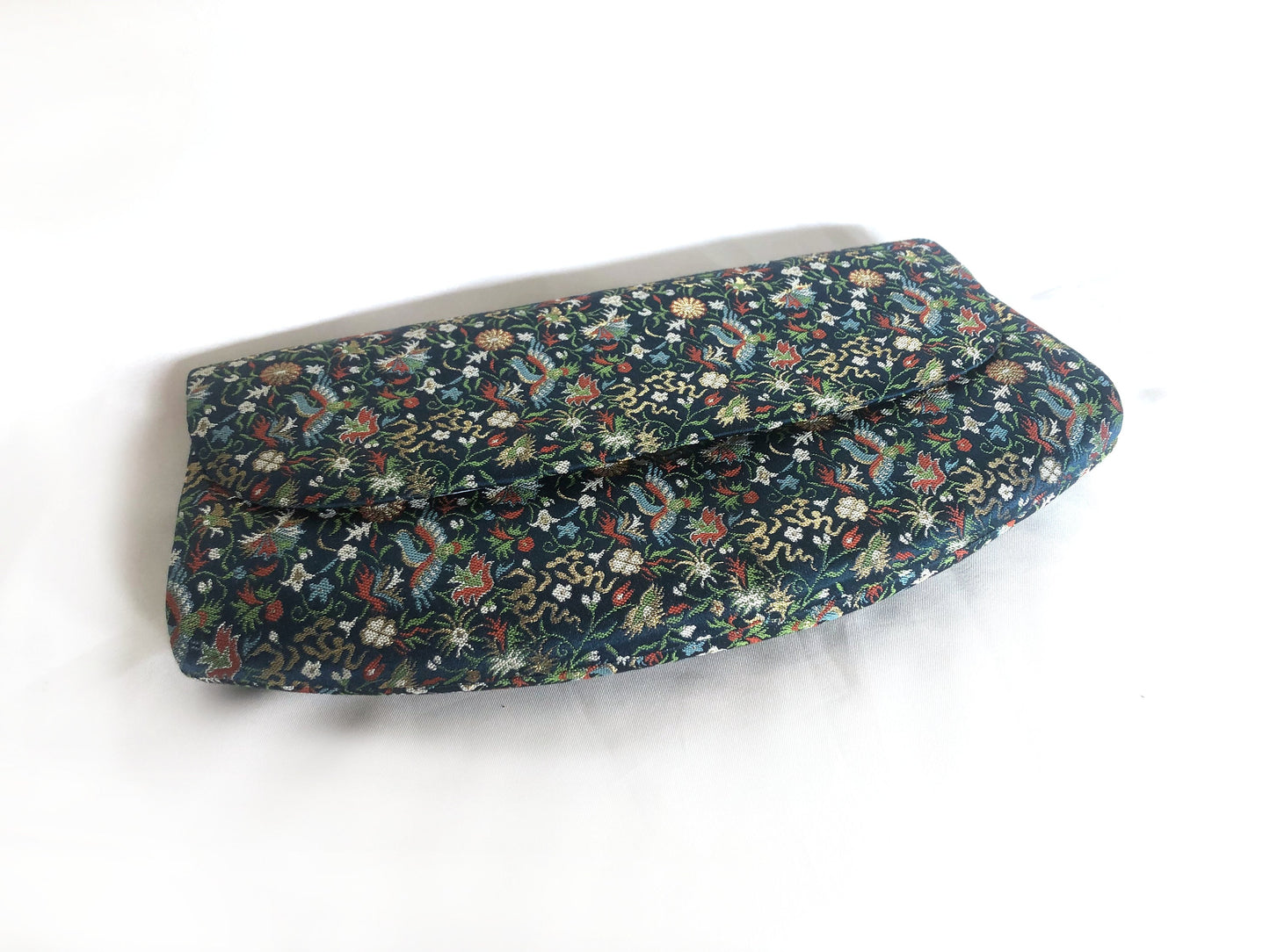 Elegant Japanese pouch bag - deep blue jacquard with colorful florals and phoenixes motifs