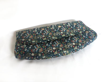 Elegant Japanese pouch bag - deep blue jacquard with colorful florals and phoenixes motifs