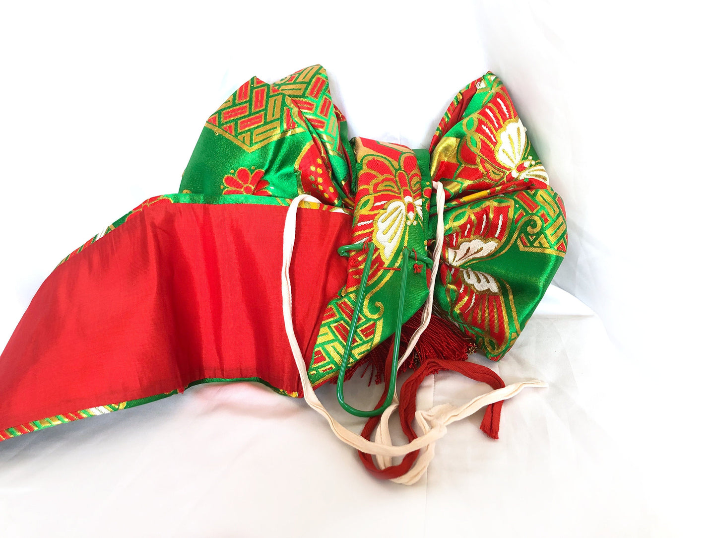 Instant vintage obi for children - festive ribbon tie in gold, red, and bright green