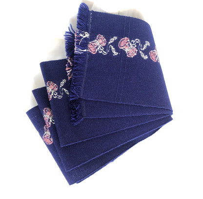 Unique Japanese hanhaba obi - dark blue wool with woven pink kotsuzumi drums pattern