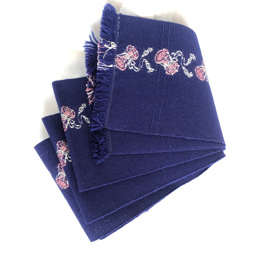 Unique Japanese hanhaba obi - dark blue wool with woven pink kotsuzumi drums pattern