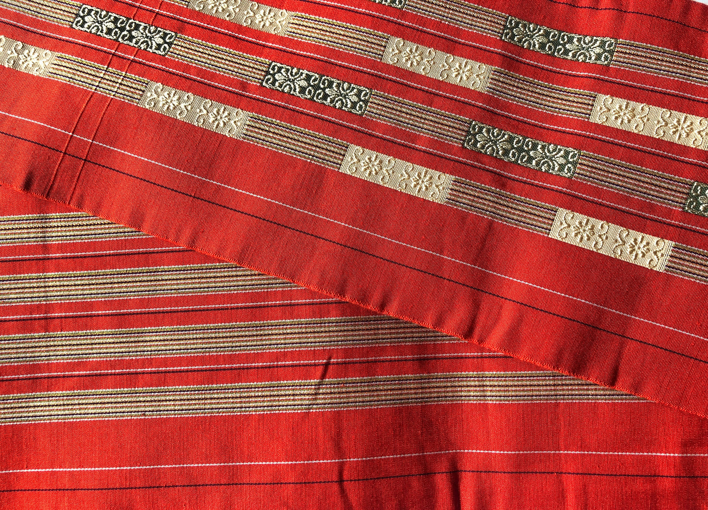 Elegant Japanese hanhaba obi - orange red with floral tiles and thin rainbow stripes