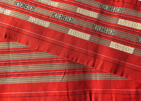 Elegant Japanese hanhaba obi - orange red with floral tiles and thin rainbow stripes