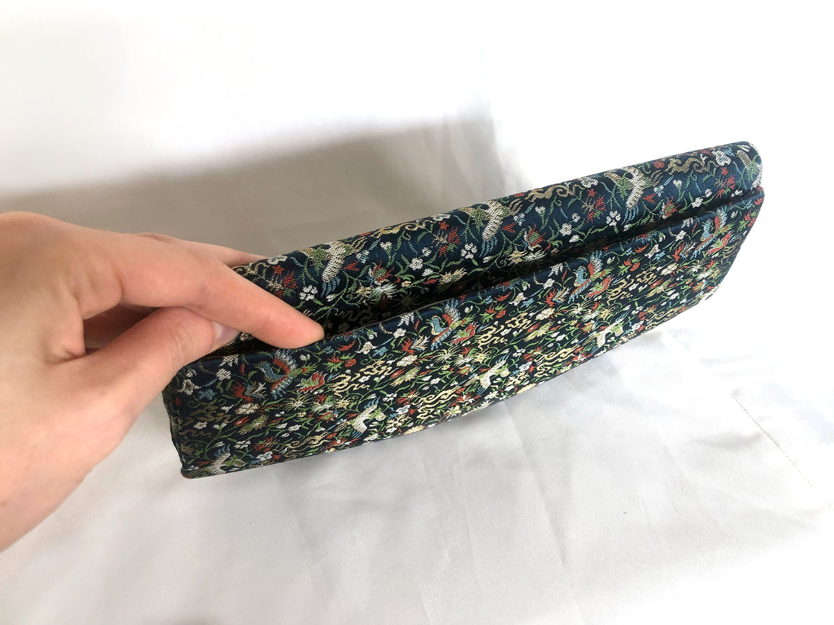 Elegant Japanese pouch bag - deep blue jacquard with colorful florals and phoenixes motifs