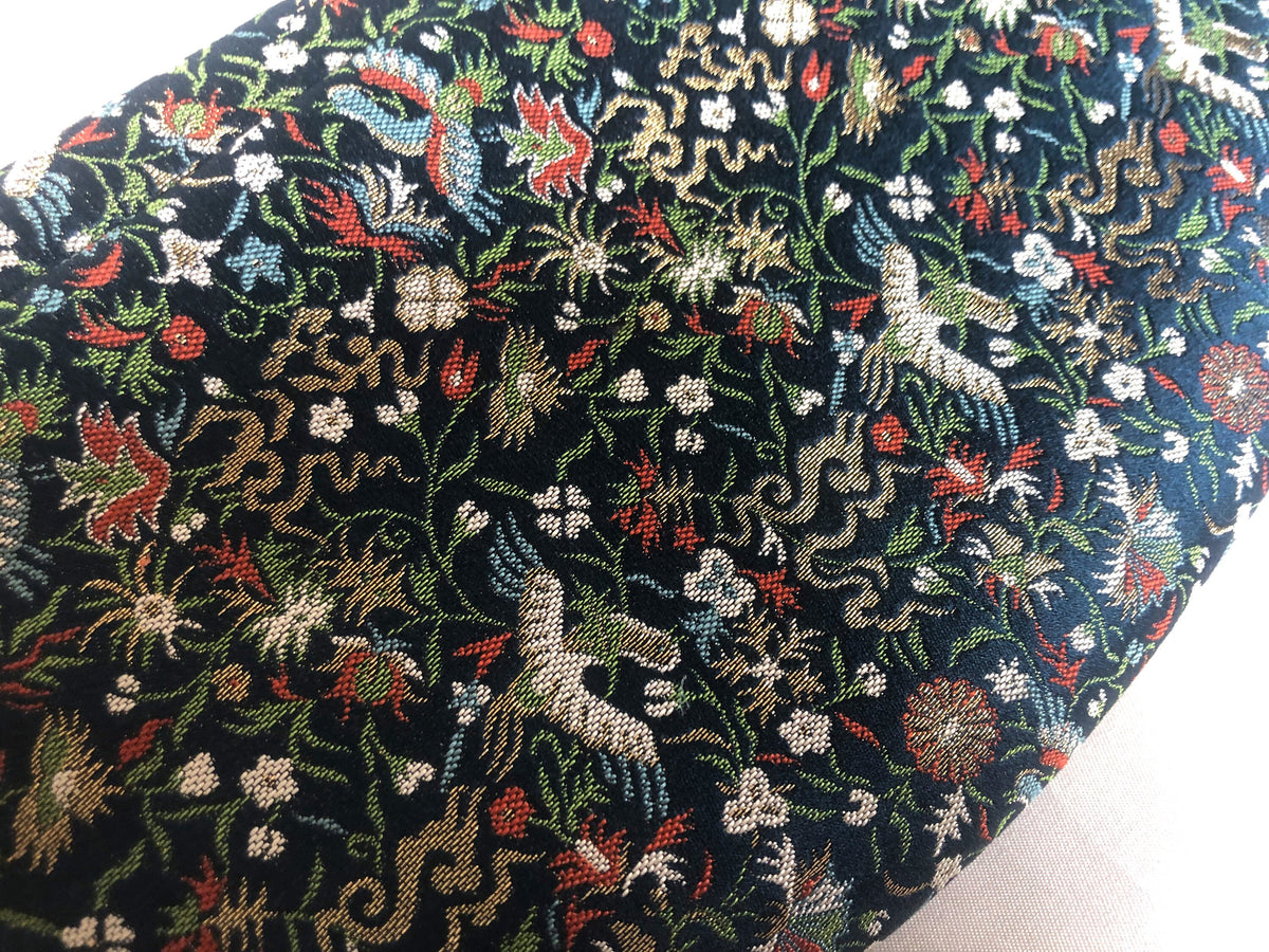 Elegant Japanese pouch bag - deep blue jacquard with colorful florals and phoenixes motifs