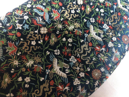 Elegant Japanese pouch bag - deep blue jacquard with colorful florals and phoenixes motifs