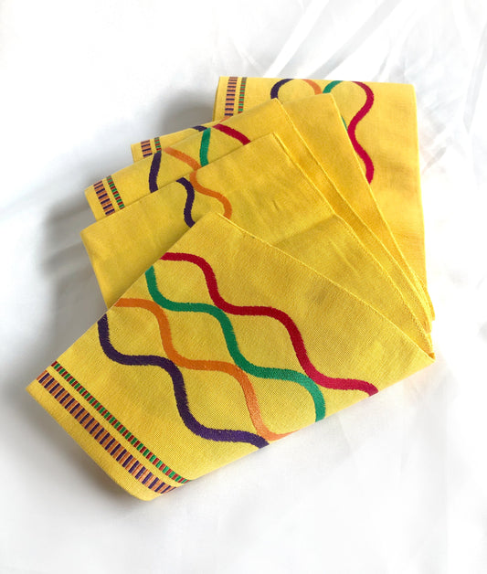 Playful Japanese hanhaba obi - yellow with colorful ribbon pattern
