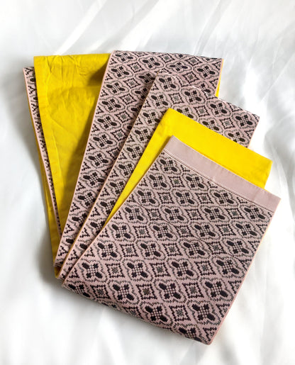 Vintage reversible Japanese hanhaba obi - light pink and yellow with black and metallic geometric pattern
