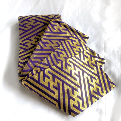 Festive Japanese hanhaba obi - purple and golden geometric sun pattern - obi for dancing