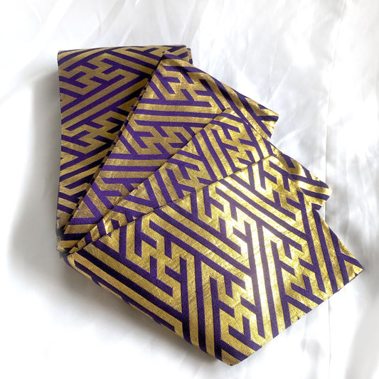 Festive Japanese hanhaba obi - purple and golden geometric sun pattern - obi for dancing