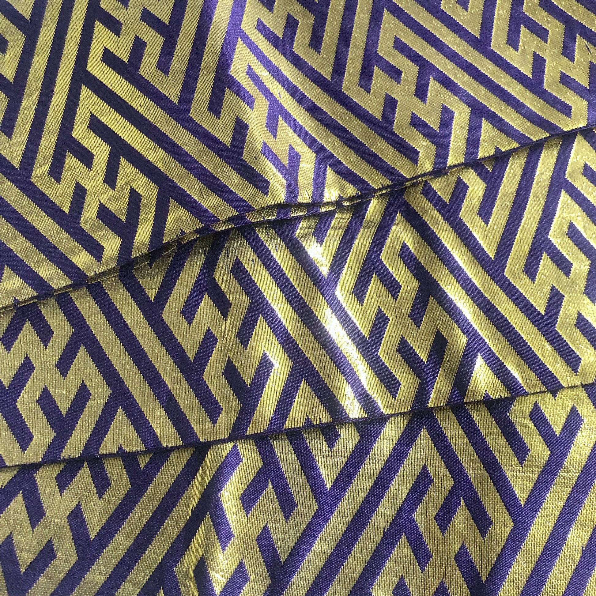 Festive Japanese hanhaba obi - purple and golden geometric sun pattern - obi for dancing