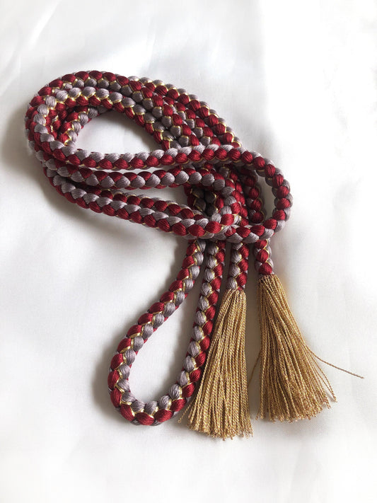 Elegant silk obijime - thin belt with tassels - wine red and purple with golden accents