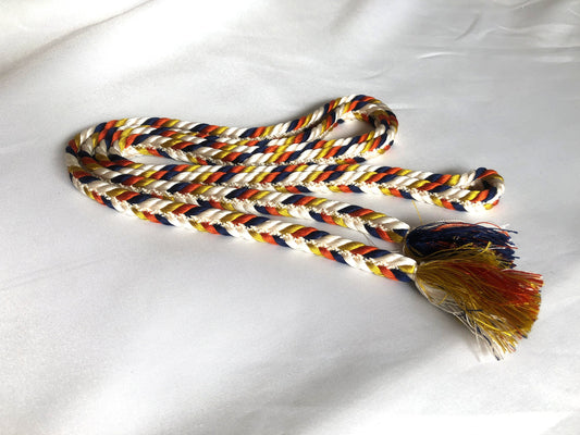 Vibrant silk obijime - thin belt with tassels - white, orange, navy, and yellow fishtail