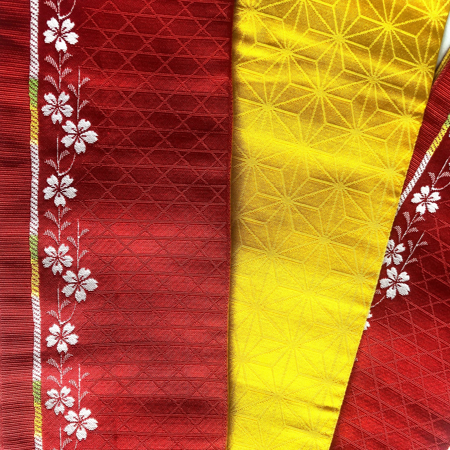 Reversible narrow obi - bright red and yellow with white sakura pattern