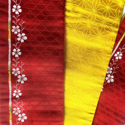 Reversible narrow obi - bright red and yellow with white sakura pattern