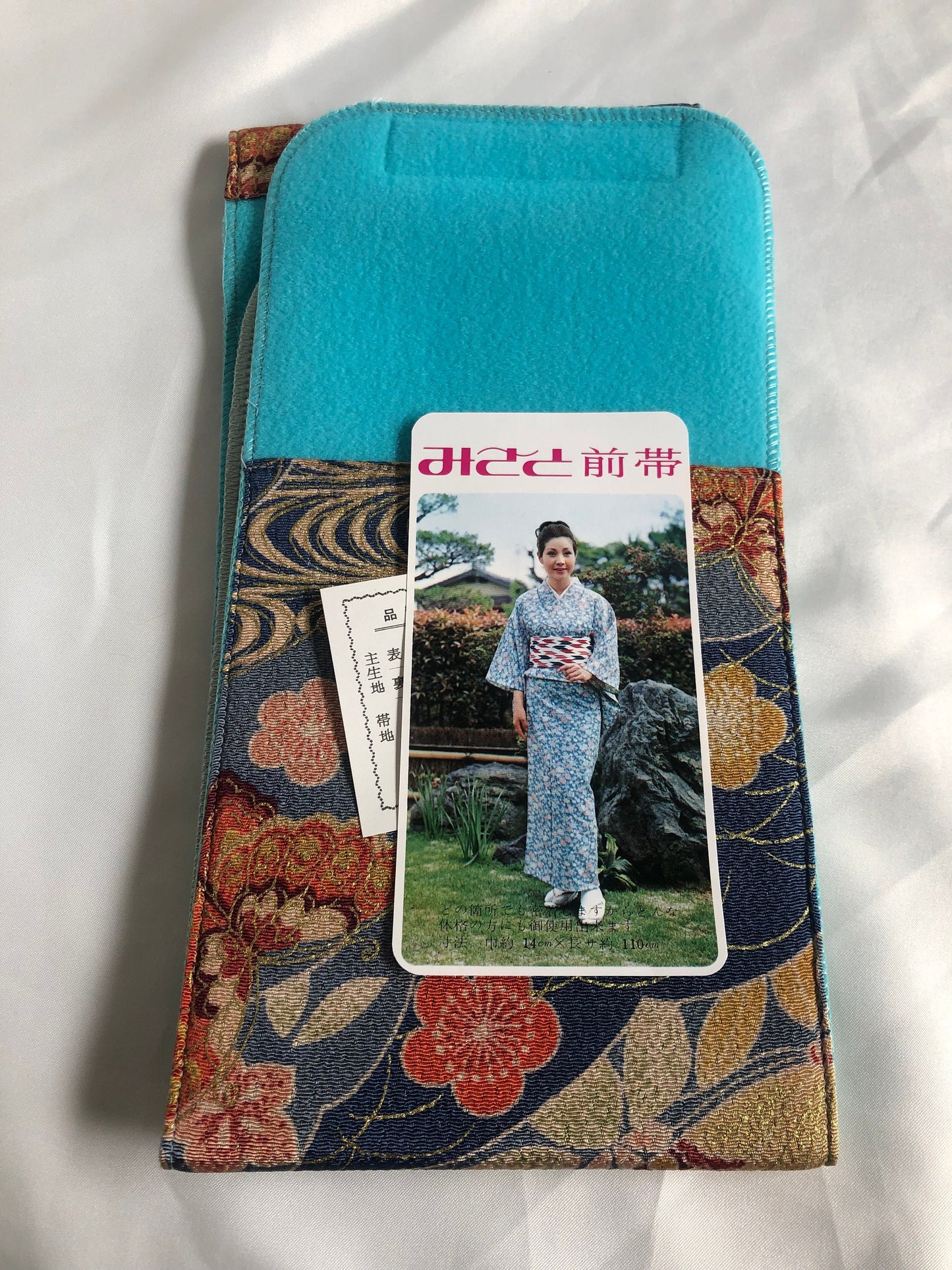 Japanese kimono dressing accessory - maeobi - blue with colorful butterflies