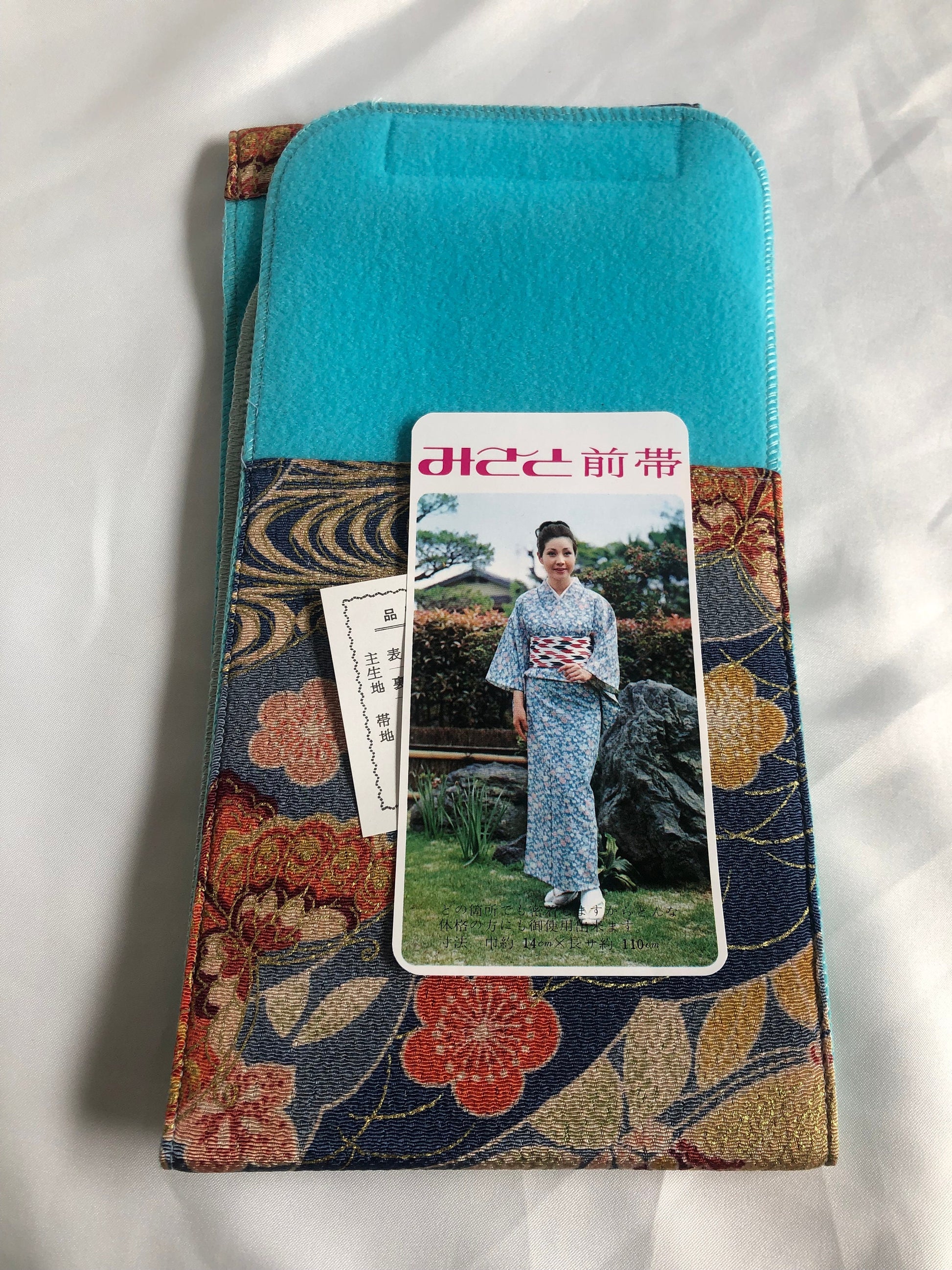 Japanese kimono dressing accessory - maeobi - blue with colorful butterflies