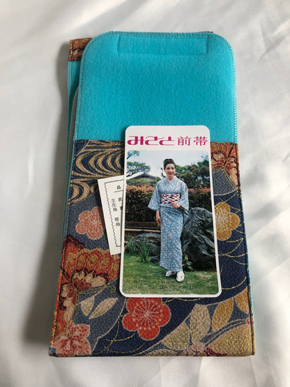 Japanese kimono dressing accessory - maeobi - blue with colorful butterflies