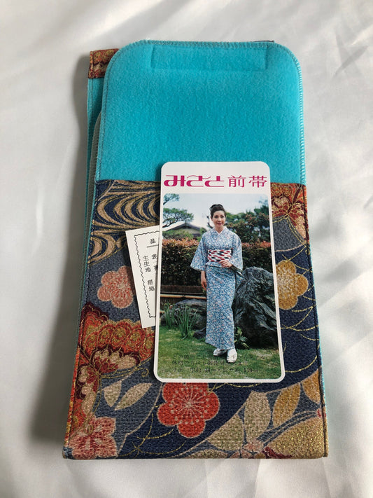 Japanese kimono dressing accessory - maeobi - blue with colorful butterflies