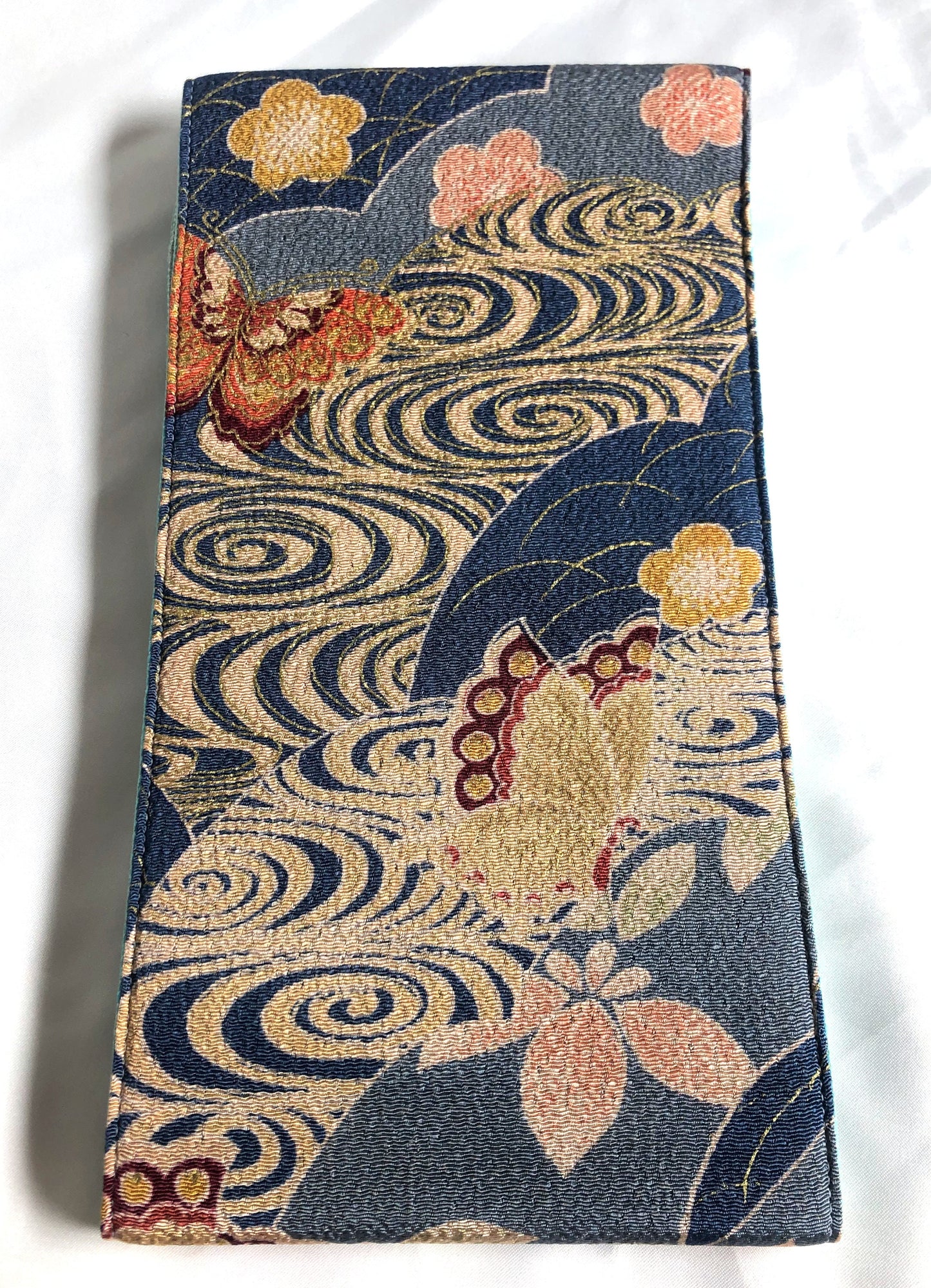 Japanese kimono dressing accessory - maeobi - blue with colorful butterflies