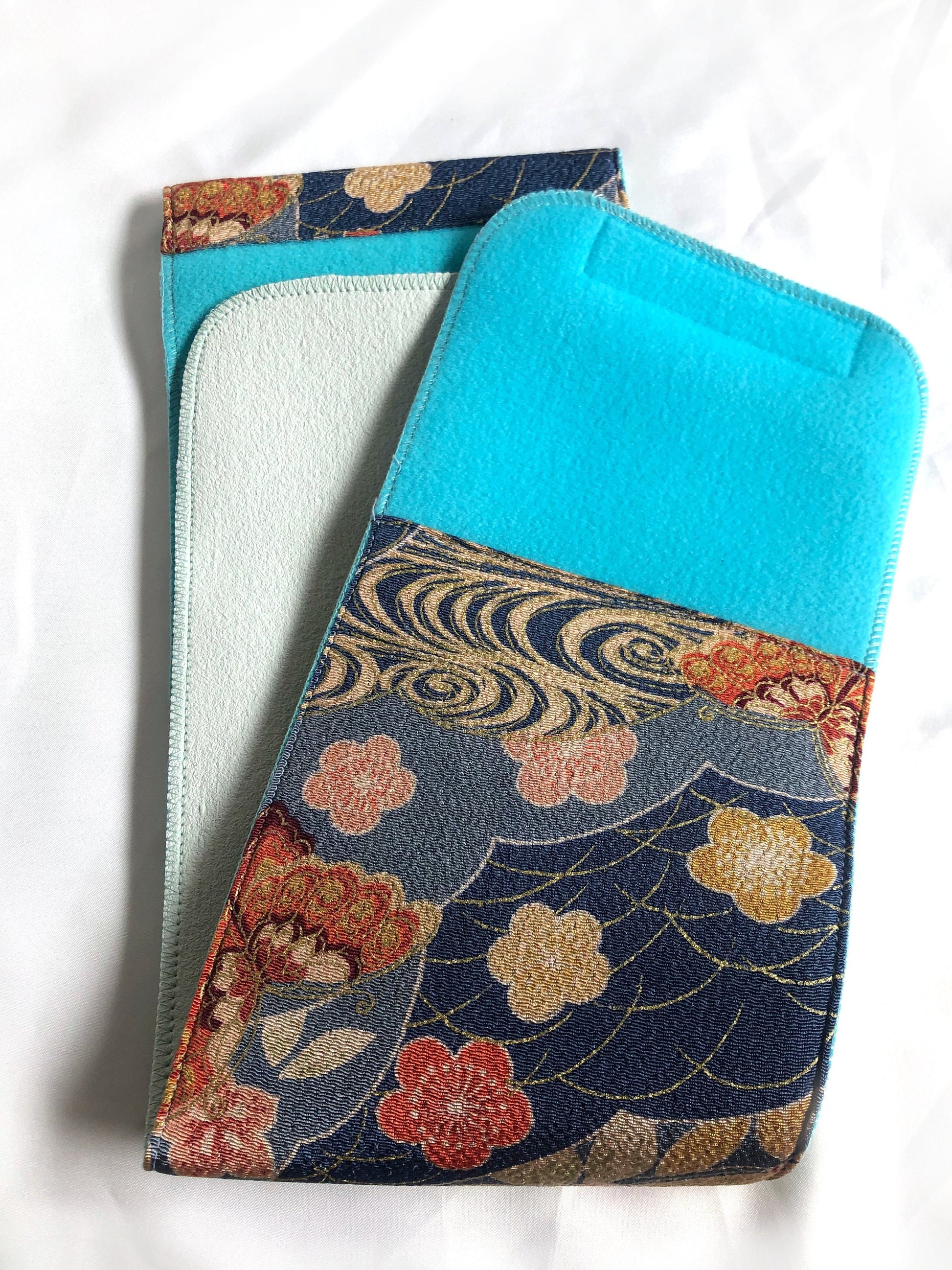 Japanese kimono dressing accessory - maeobi - blue with colorful butterflies