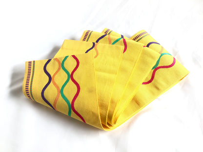 Playful Japanese hanhaba obi - yellow with colorful ribbon pattern